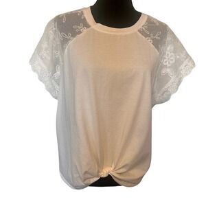 Marc New York White Blouse‎ with Net Lace Floral Embroidered Sleeves Size XL